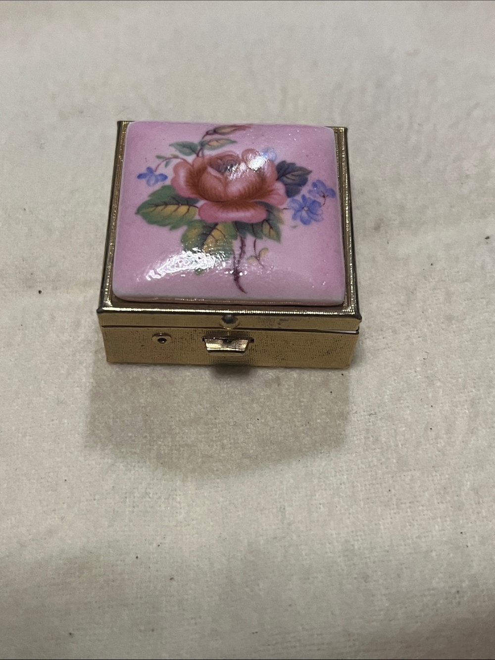 Antique Pink Floral Porcelain Vanity Trinket Box with Gold Base